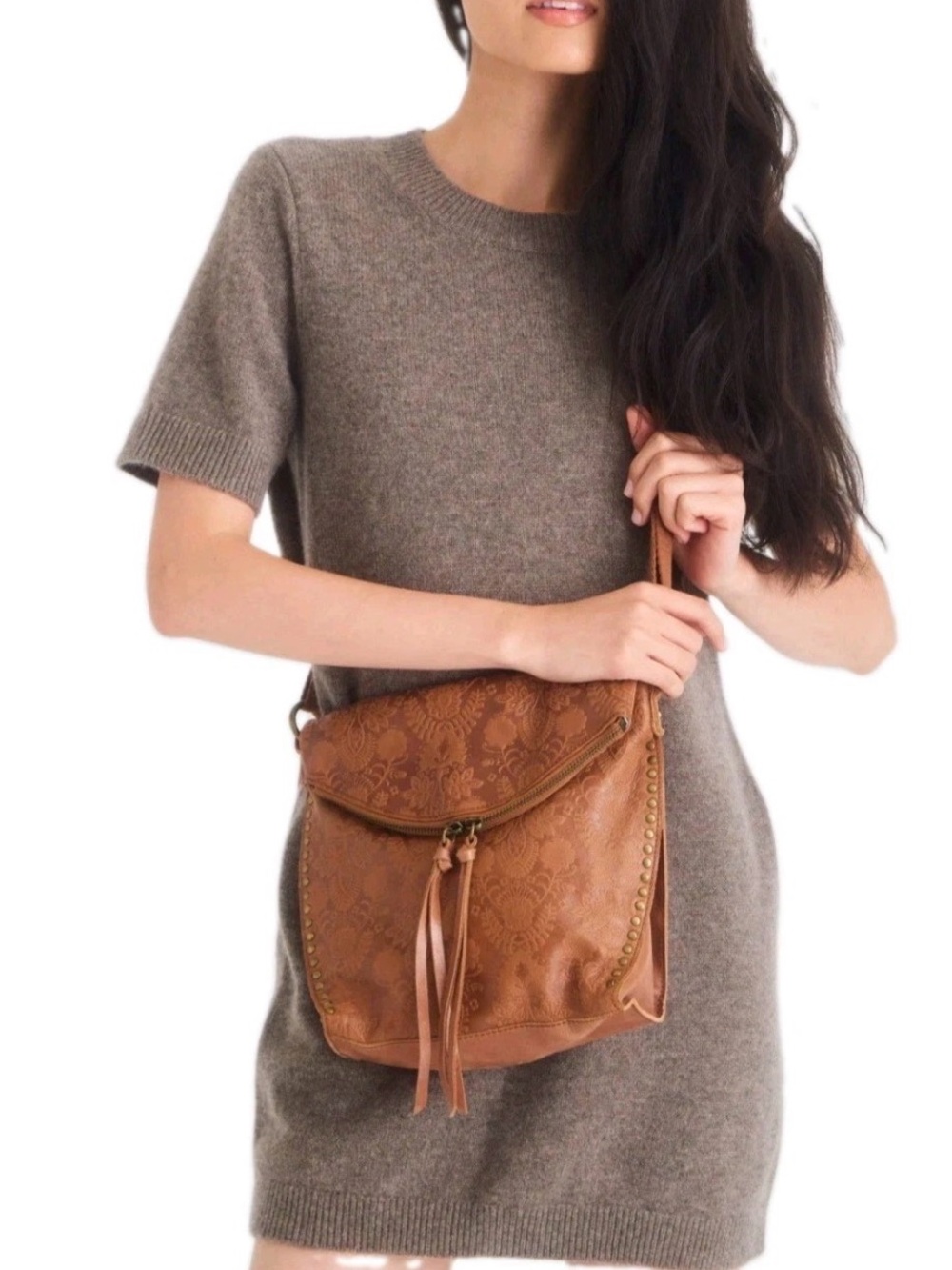 The Sak Silverlake Crossbody Bag Tobacco Leather Floral Embossed Boho Festival